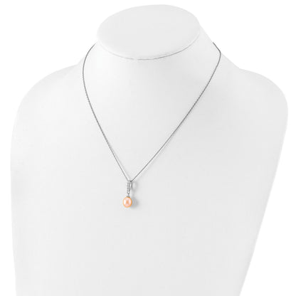 Sterling Silver Rhodium-plated 8-9mm Pink Teardrop Freshwater Cultured Pearl and CZ 17 inch Necklace