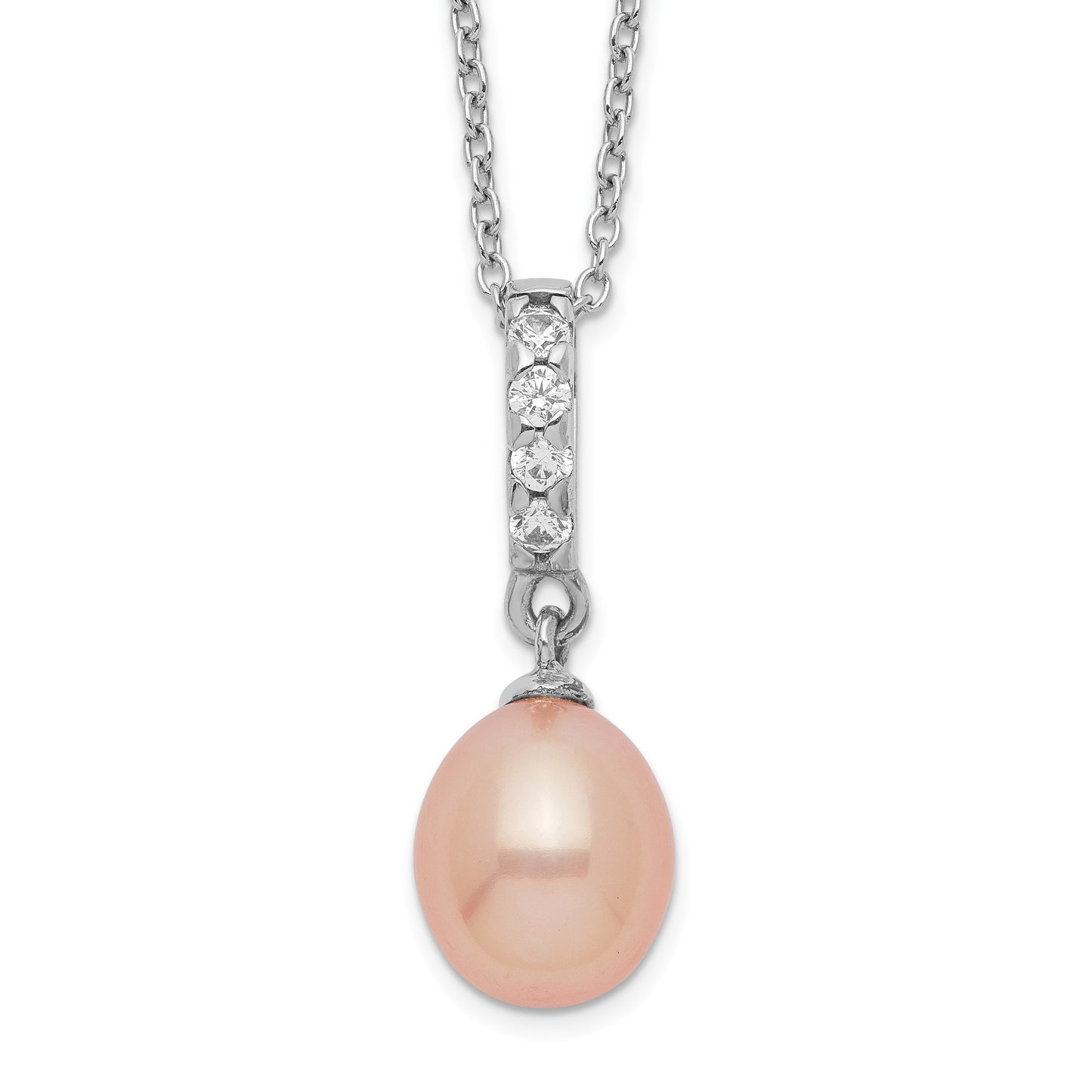 Sterling Silver Rhodium-plated 8-9mm Pink Teardrop Freshwater Cultured Pearl and CZ 17 inch Necklace