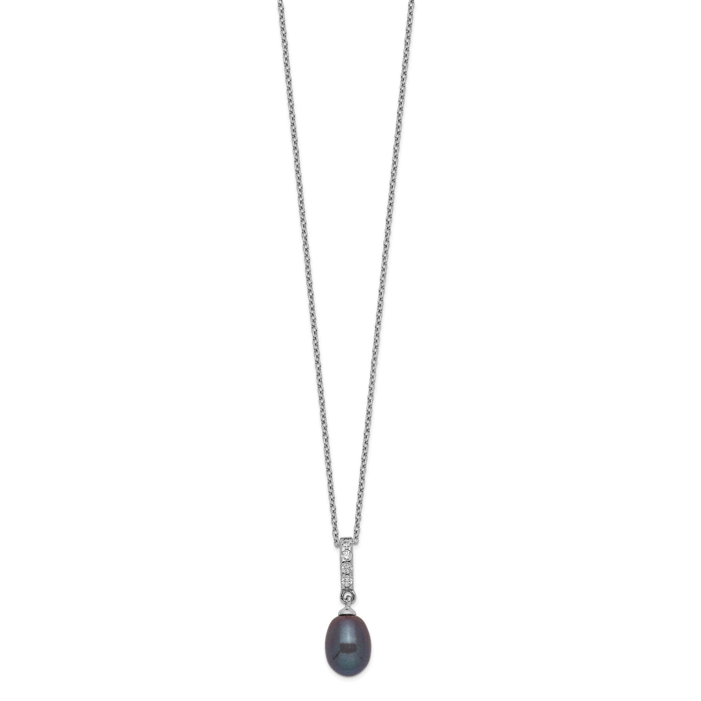 Sterling Silver Rhodium-plated 8-9mm Black Teardrop Freshwater Cultured Pearl and CZ 17 inch Necklace