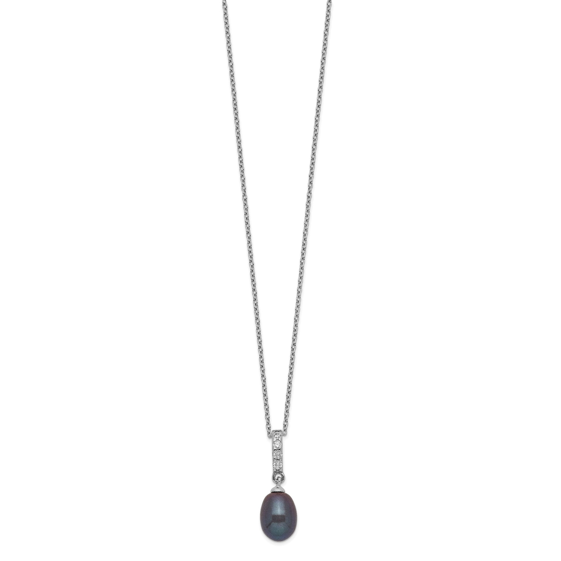 Sterling Silver Rhodium-plated 8-9mm Black Teardrop Freshwater Cultured Pearl and CZ 17 inch Necklace