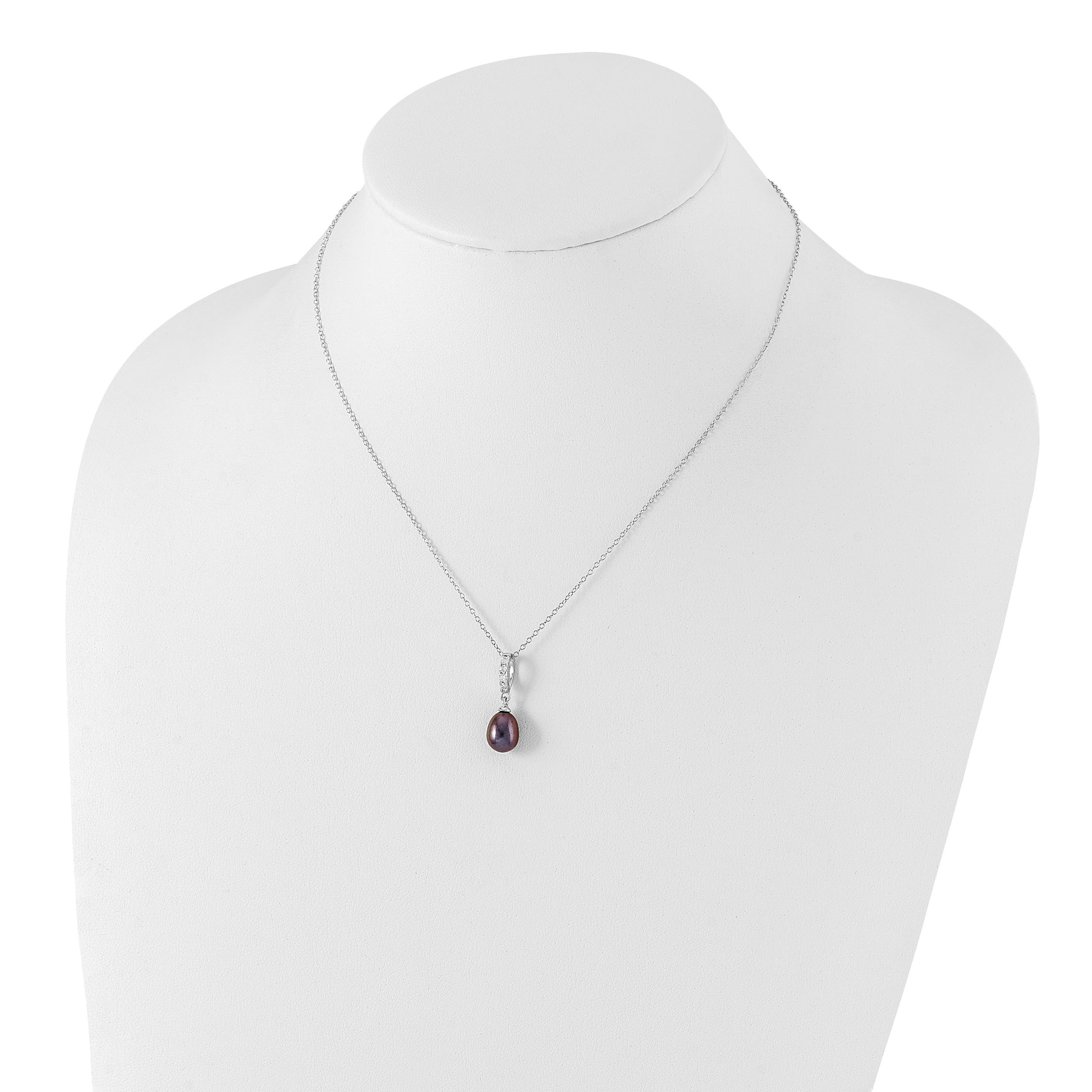Sterling Silver Rhodium-plated 8-9mm Black Teardrop Freshwater Cultured Pearl and CZ 17 inch Necklace