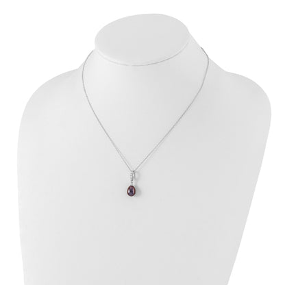 Sterling Silver Rhodium-plated 8-9mm Black Teardrop Freshwater Cultured Pearl and CZ 17 inch Necklace