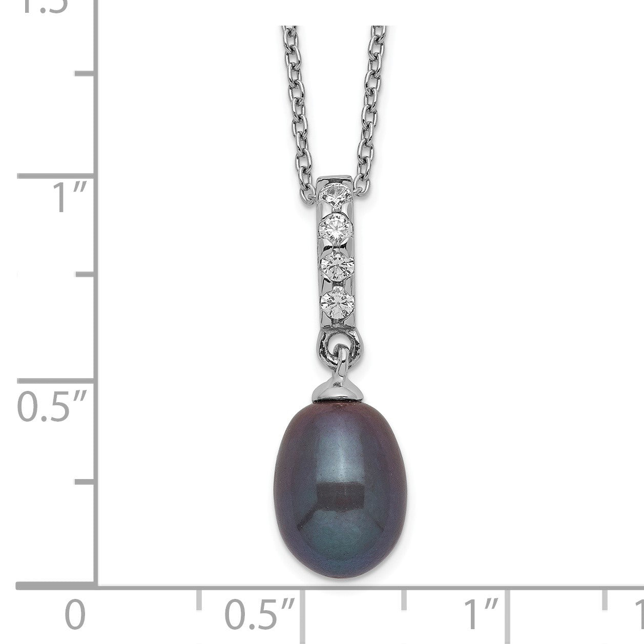 Sterling Silver Rhodium-plated 8-9mm Black Teardrop Freshwater Cultured Pearl and CZ 17 inch Necklace