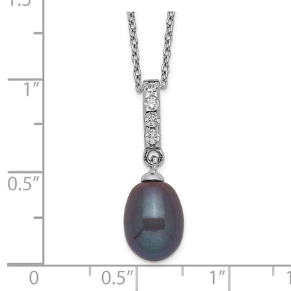 Sterling Silver Rhodium-plated 8-9mm Black Teardrop Freshwater Cultured Pearl and CZ 17 inch Necklace