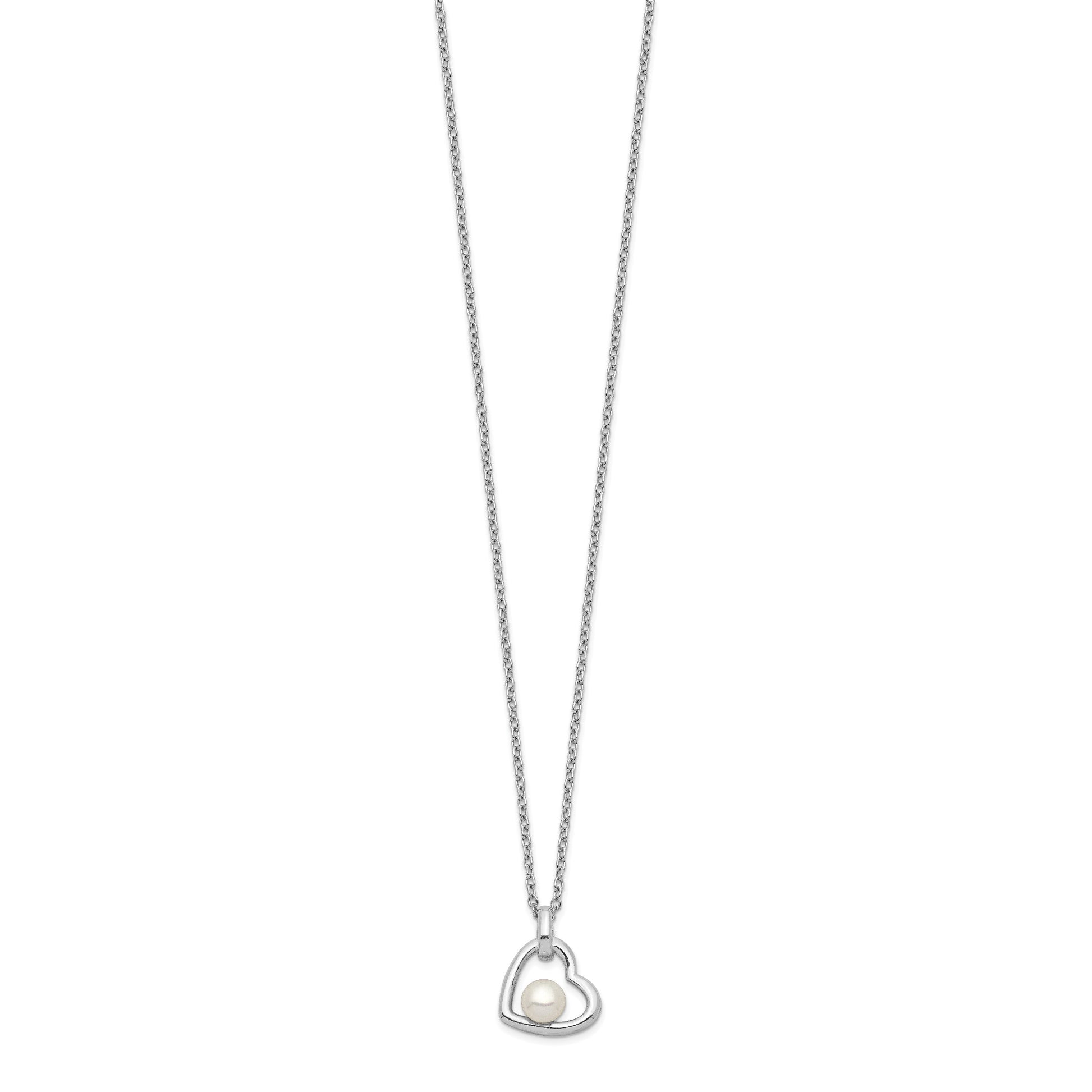 Sterling Silver Rhodium-plated 4-5mm White Button Freshwater Cultured Pearl Heart 17 inch Necklace