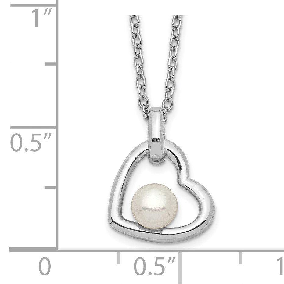 Sterling Silver Rhodium-plated 4-5mm White Button Freshwater Cultured Pearl Heart 17 inch Necklace