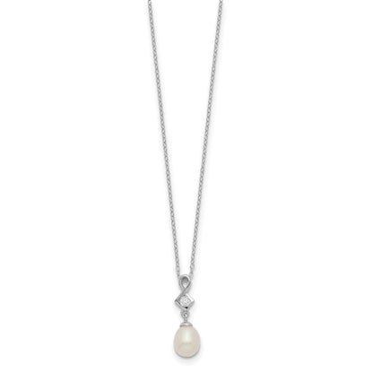 Sterling Silver Rhodium-plated 6-7mm White Teardrop Freshwater Cultured Pearl and CZ 17 inch Necklace