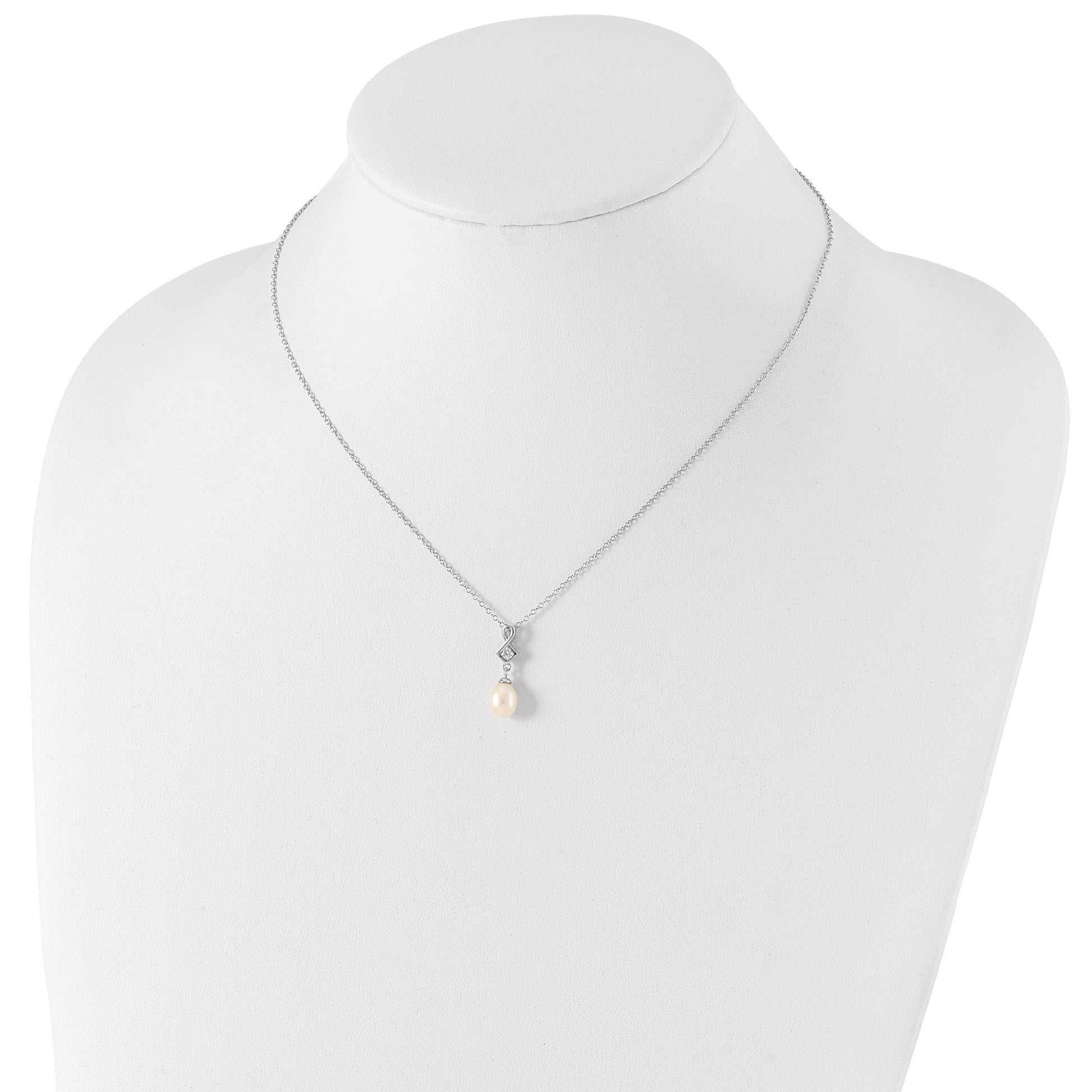 Sterling Silver Rhodium-plated 6-7mm White Teardrop Freshwater Cultured Pearl and CZ 17 inch Necklace