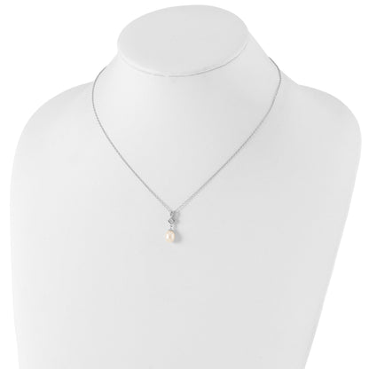 Sterling Silver Rhodium-plated 6-7mm White Teardrop Freshwater Cultured Pearl and CZ 17 inch Necklace