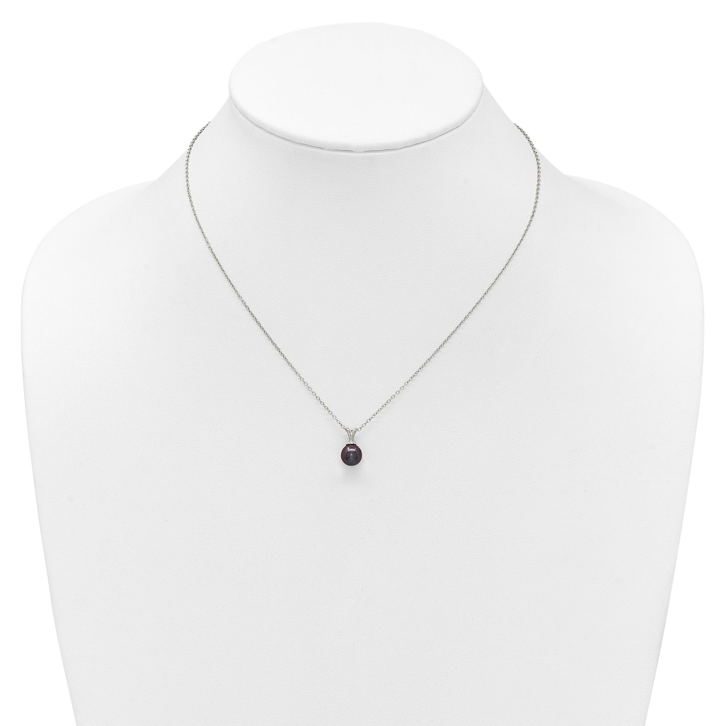 Sterling Silver Rhodium-plated 7-7.5mm Round Black Freshwater Cultured Pearl 17 inch Necklace