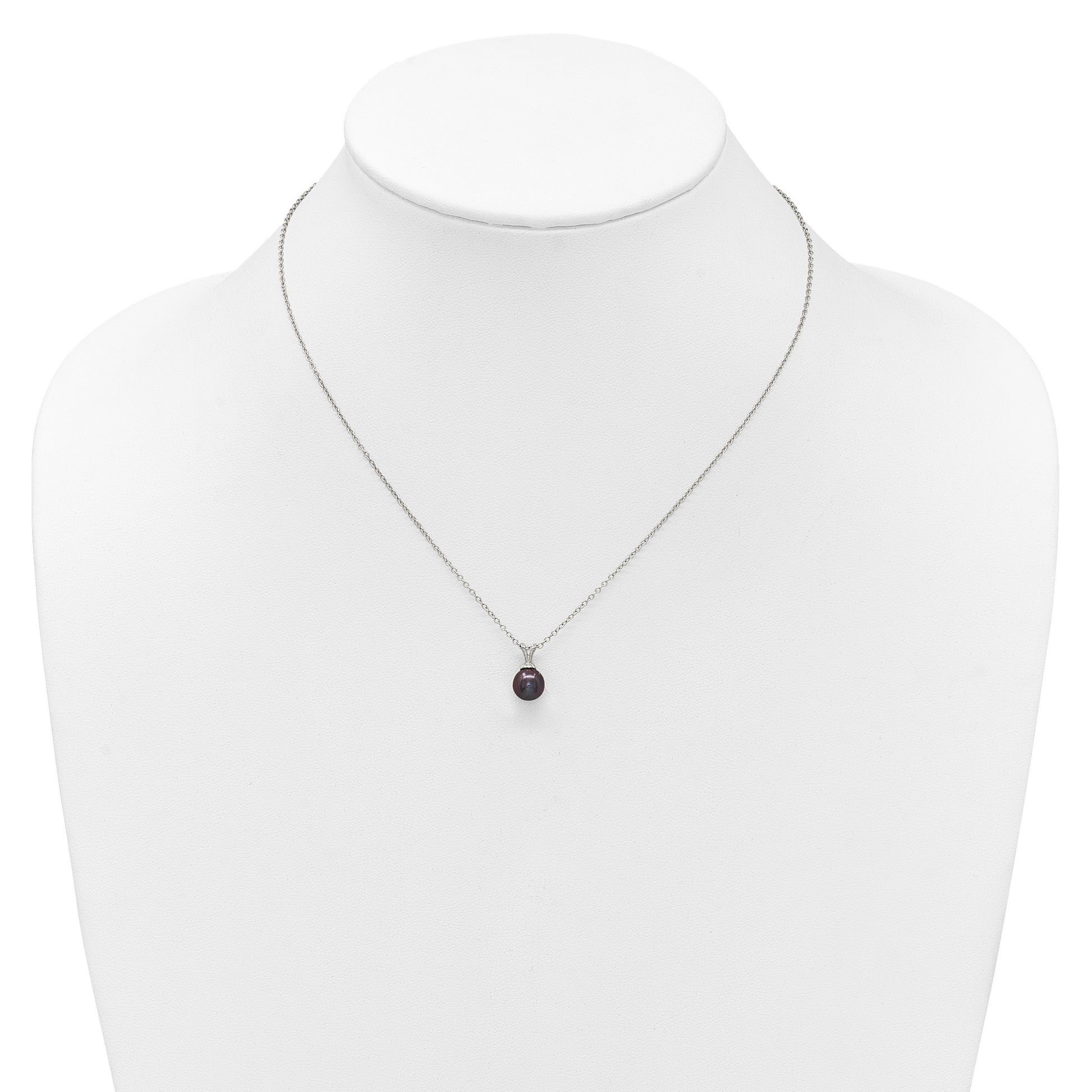 Sterling Silver Rhodium-plated 7-7.5mm Round Black Freshwater Cultured Pearl 17 inch Necklace
