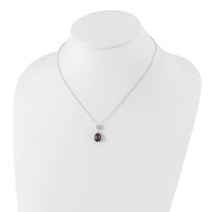 Sterling Silver Rhodium-plated 8-9mm Black Rice Freshwater Cultured Pearl and CZ 17 inch Necklace