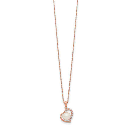 Sterling Silver Rose-tone 18k Flash Gold-plated 7-8mm Button Freshwater Cultured Pearl Heart 17 inch Necklace