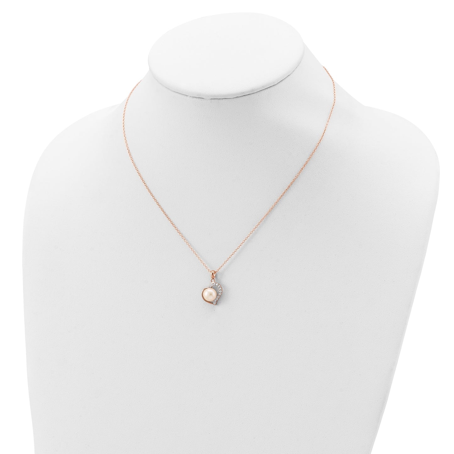 Sterling Silver Rose-tone 18k Flash Gold-plated 7-8mm Button Freshwater Cultured Pearl Heart 17 inch Necklace