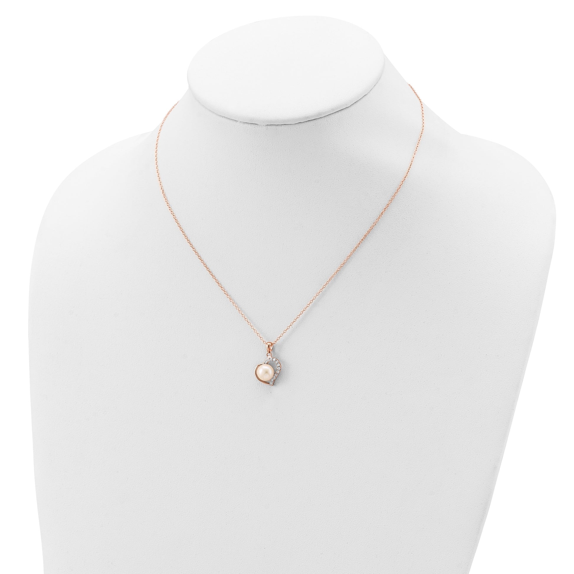 Sterling Silver Rose-tone 18k Flash Gold-plated 7-8mm Button Freshwater Cultured Pearl Heart 17 inch Necklace