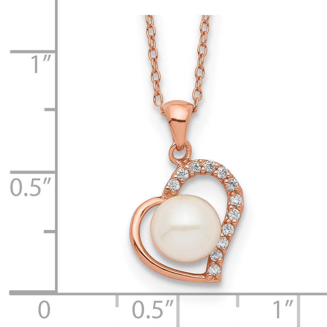 Sterling Silver Rose-tone 18k Flash Gold-plated 7-8mm Button Freshwater Cultured Pearl Heart 17 inch Necklace