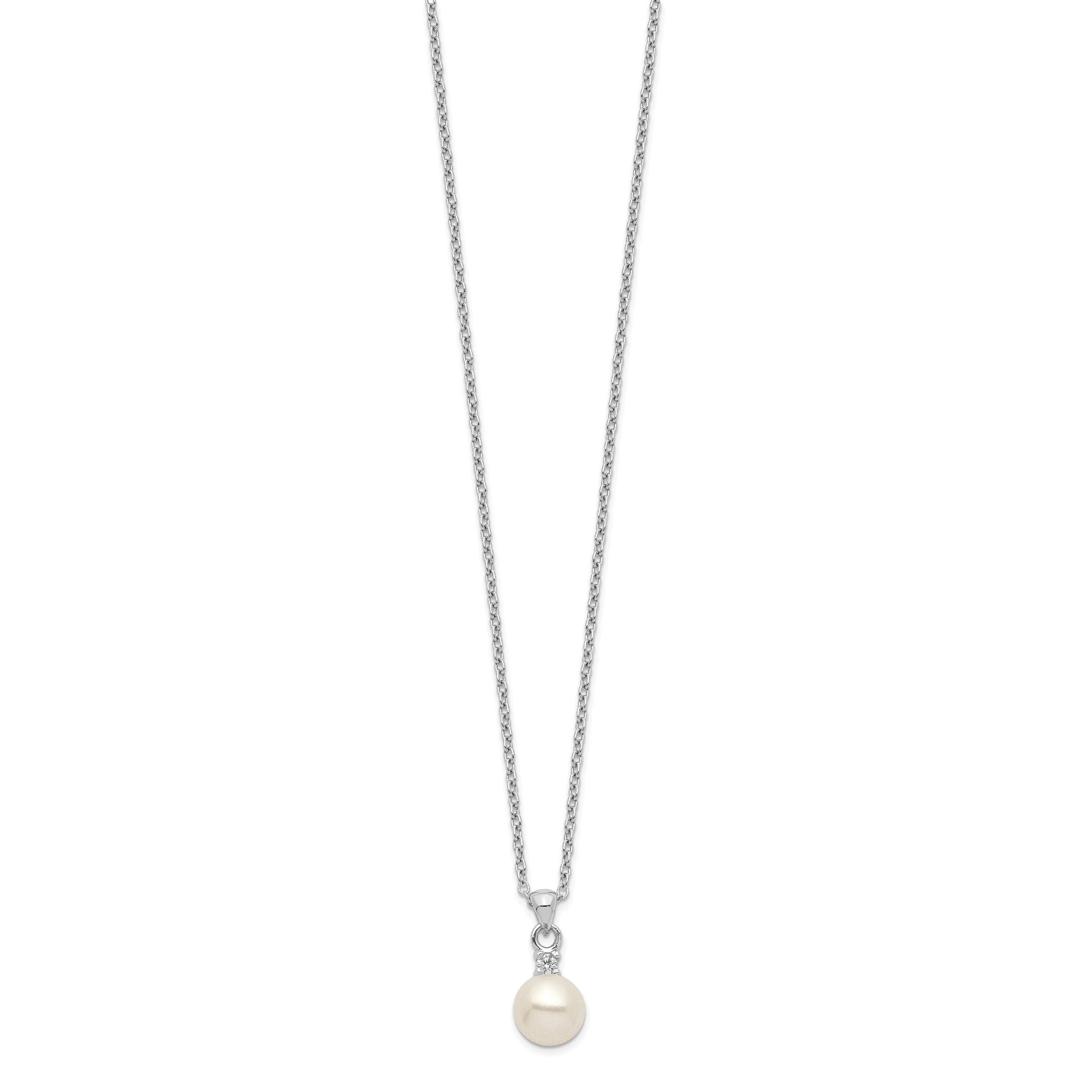 Sterling Silver Rhodium-plated 6-7mm White Button Freshwater Cultured Pearl and CZ 17 inch Necklace