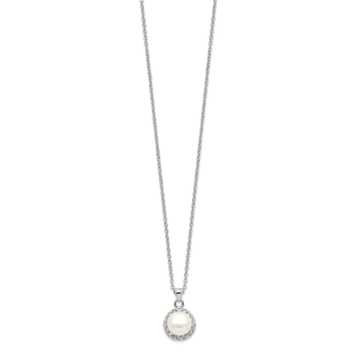 Sterling Silver Rhodium-plated 7-8mm White Button Freshwater Cultured Pearl and CZ 17 inch Necklace