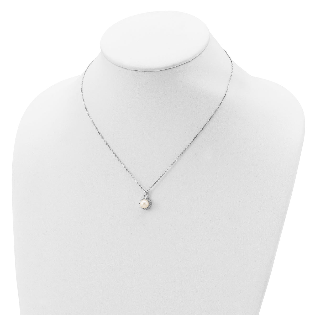 Sterling Silver Rhodium-plated 7-8mm White Button Freshwater Cultured Pearl and CZ 17 inch Necklace
