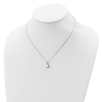 Sterling Silver Rhodium-plated 7-8mm White Button Freshwater Cultured Pearl and CZ 17 inch Necklace