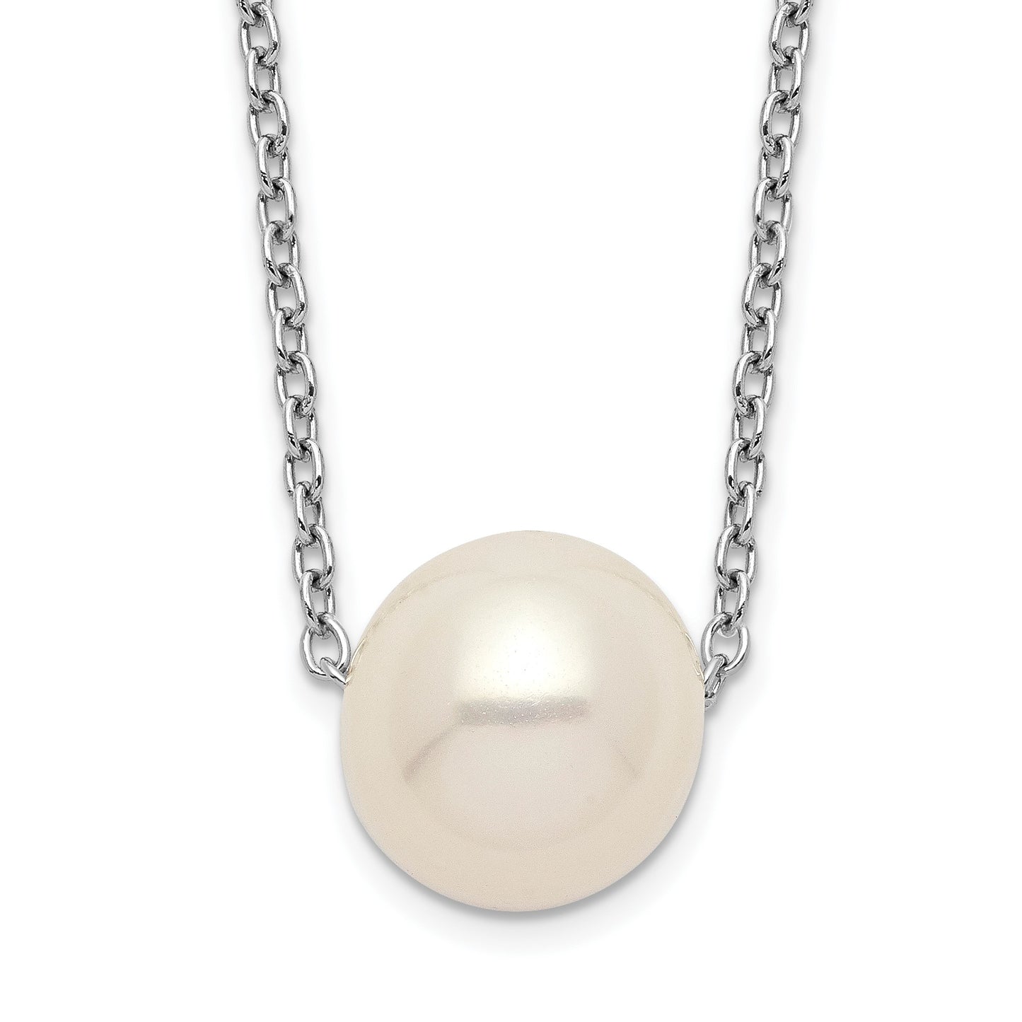 Sterling Silver Rhodium-plated 9-10mm White Near-Round Freshwater Cultured Pearl 18 inch Necklace