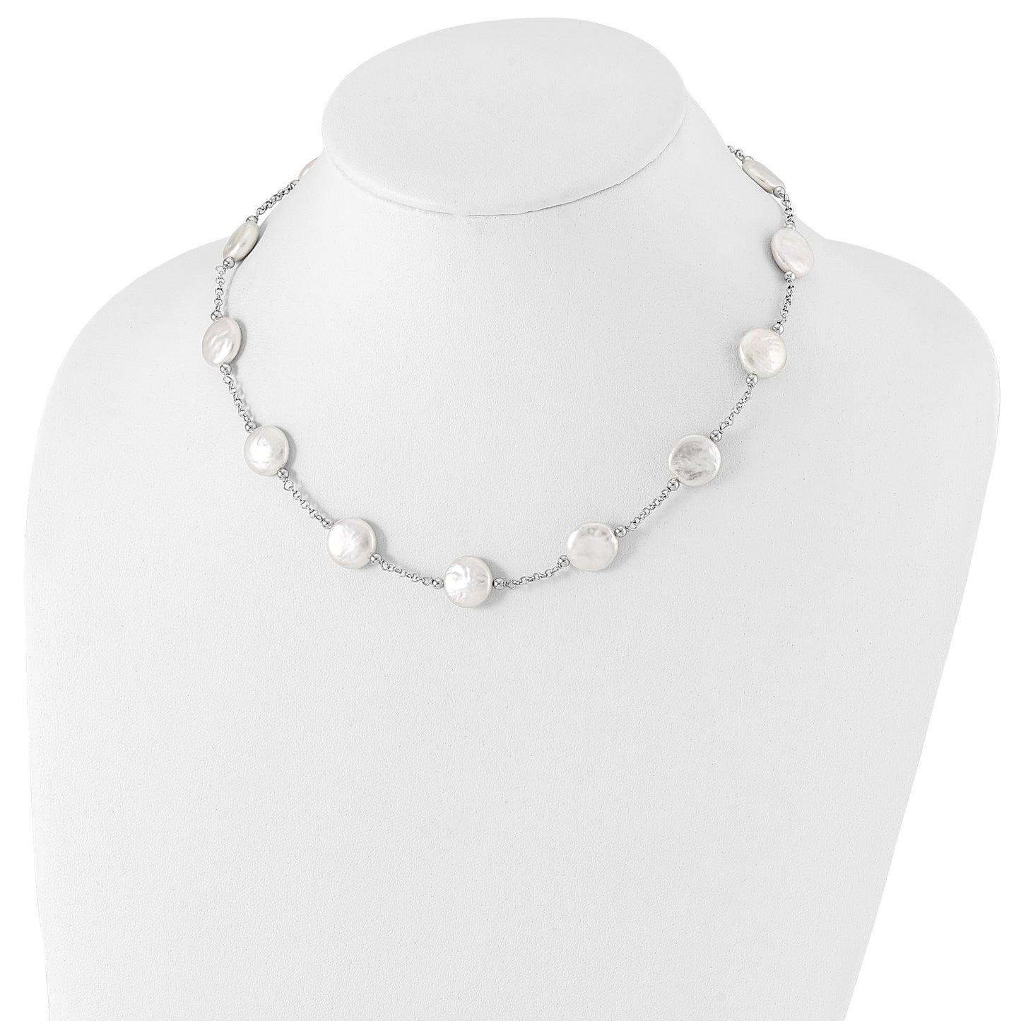 Sterling Silver Rhodium-plated 12-13mm White Coin Freshwater Cultured Pearl 13-station 18 inch Necklace