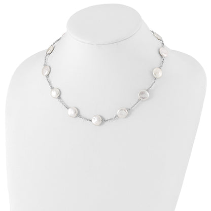 Sterling Silver Rhodium-plated 12-13mm White Coin Freshwater Cultured Pearl 13-station 18 inch Necklace