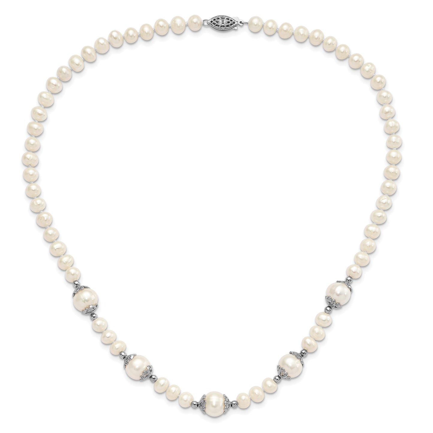Sterling Silver Rhodium-plated 6-9mm White Freshwater Cultured Pearl 5-station 18 inch Necklace