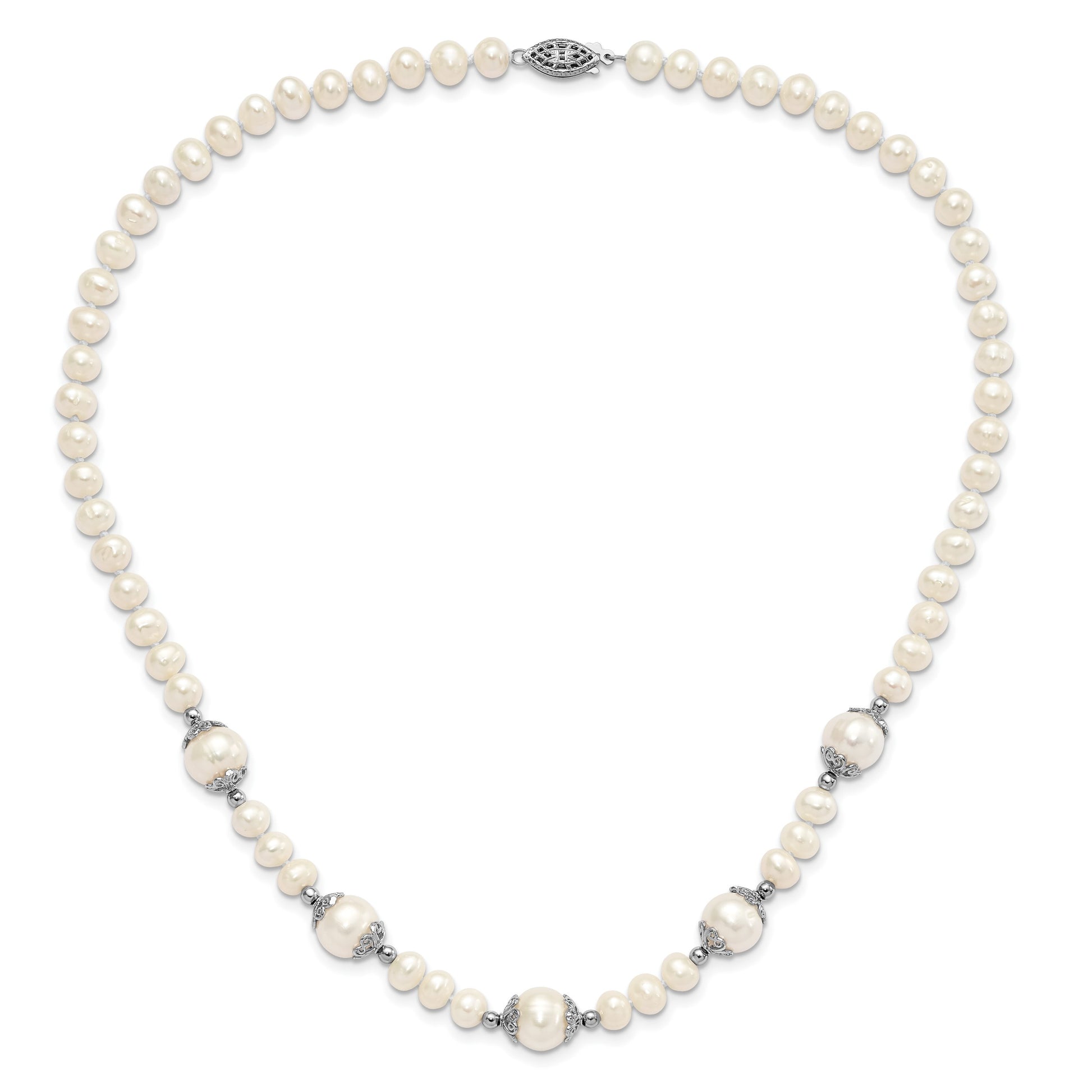Sterling Silver Rhodium-plated 6-9mm White Freshwater Cultured Pearl 5-station 18 inch Necklace