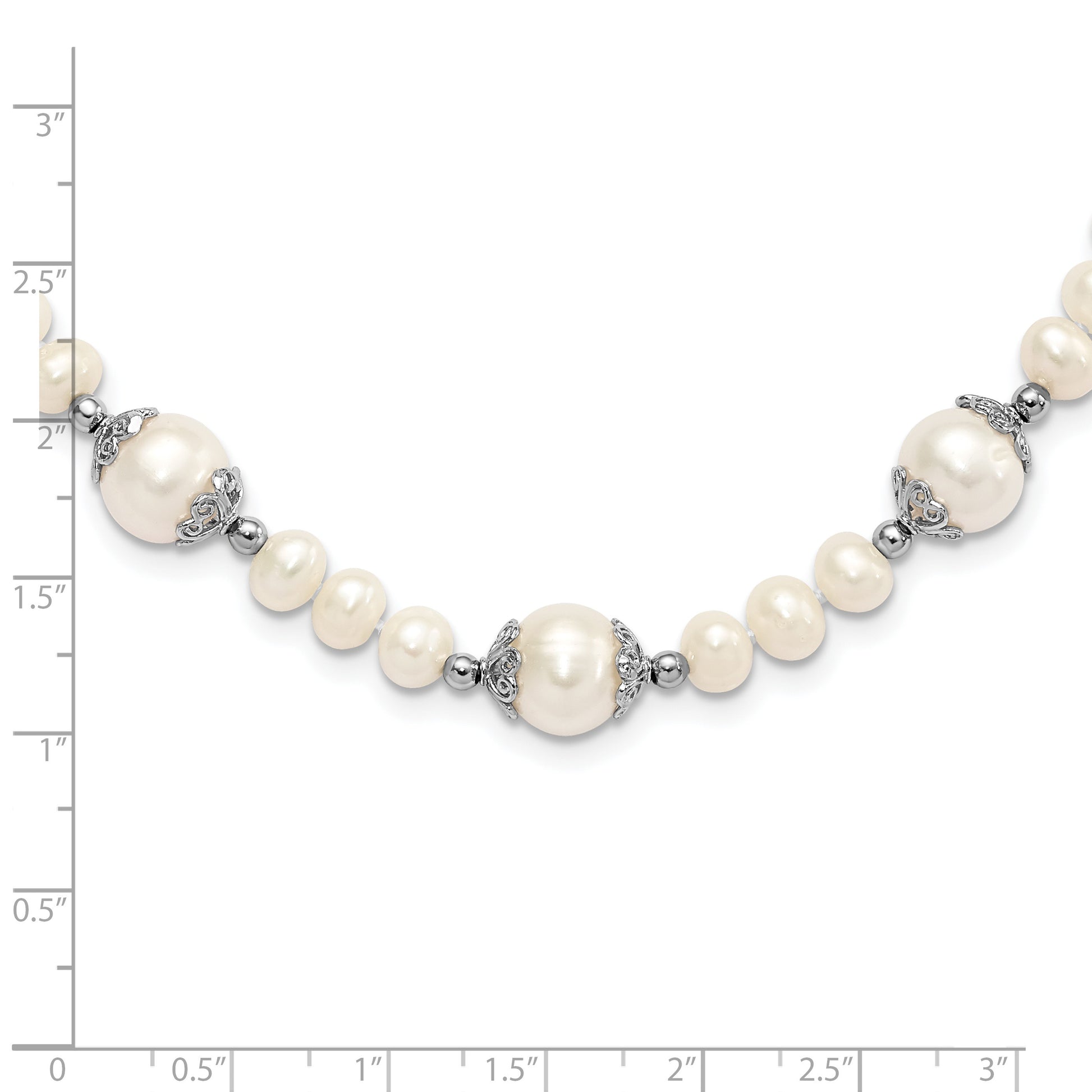 Sterling Silver Rhodium-plated 6-9mm White Freshwater Cultured Pearl 5-station 18 inch Necklace