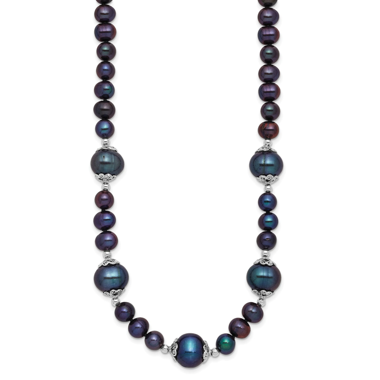Sterling Silver Rhodium-plated 6-9mm Black Near Round Freshwater Cultured Pearl 5-station 18 inch Necklace