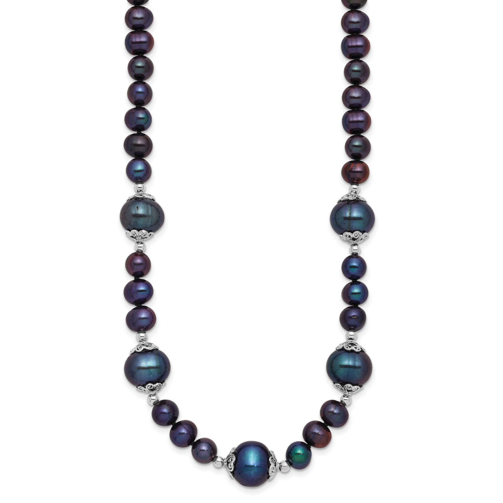 Sterling Silver Rhodium-plated 6-9mm Black Near Round Freshwater Cultured Pearl 5-station 18 inch Necklace