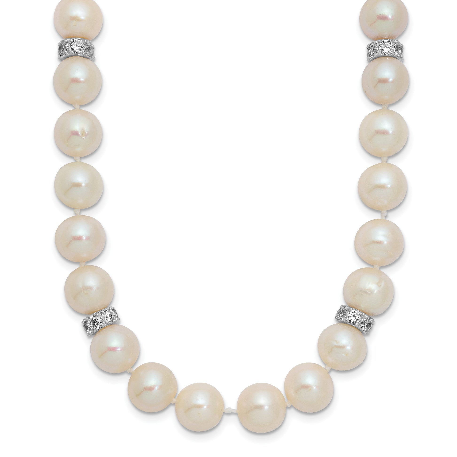 Sterling Silver Rhodium-plated 9-10mm White Near-Round Freshwater Cultured Pearl and CZ 18 inch Necklace