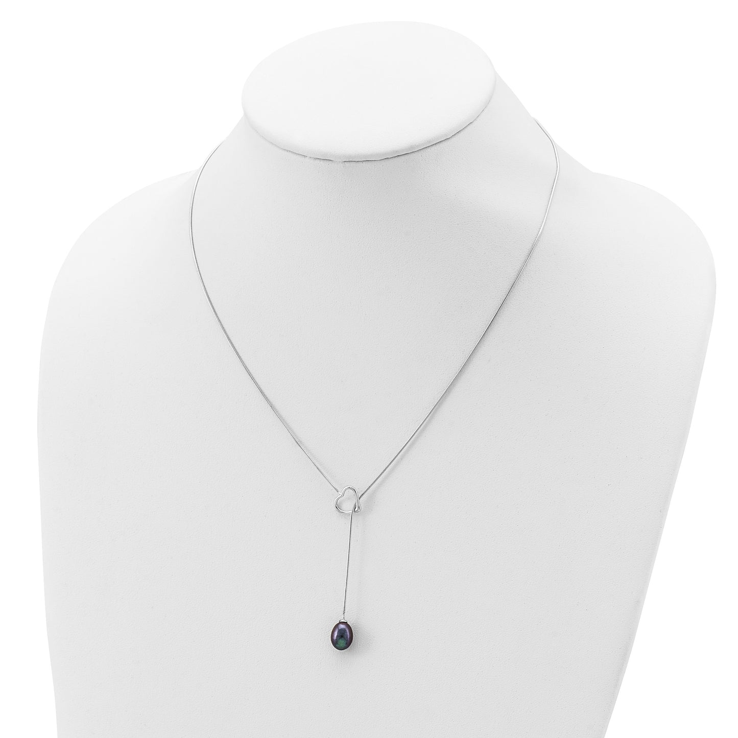 Sterling Silver Rhodium-plated 7-8mm Black Teardrop Freshwater Cultured Pearl Drop Heart 20 inch Necklace