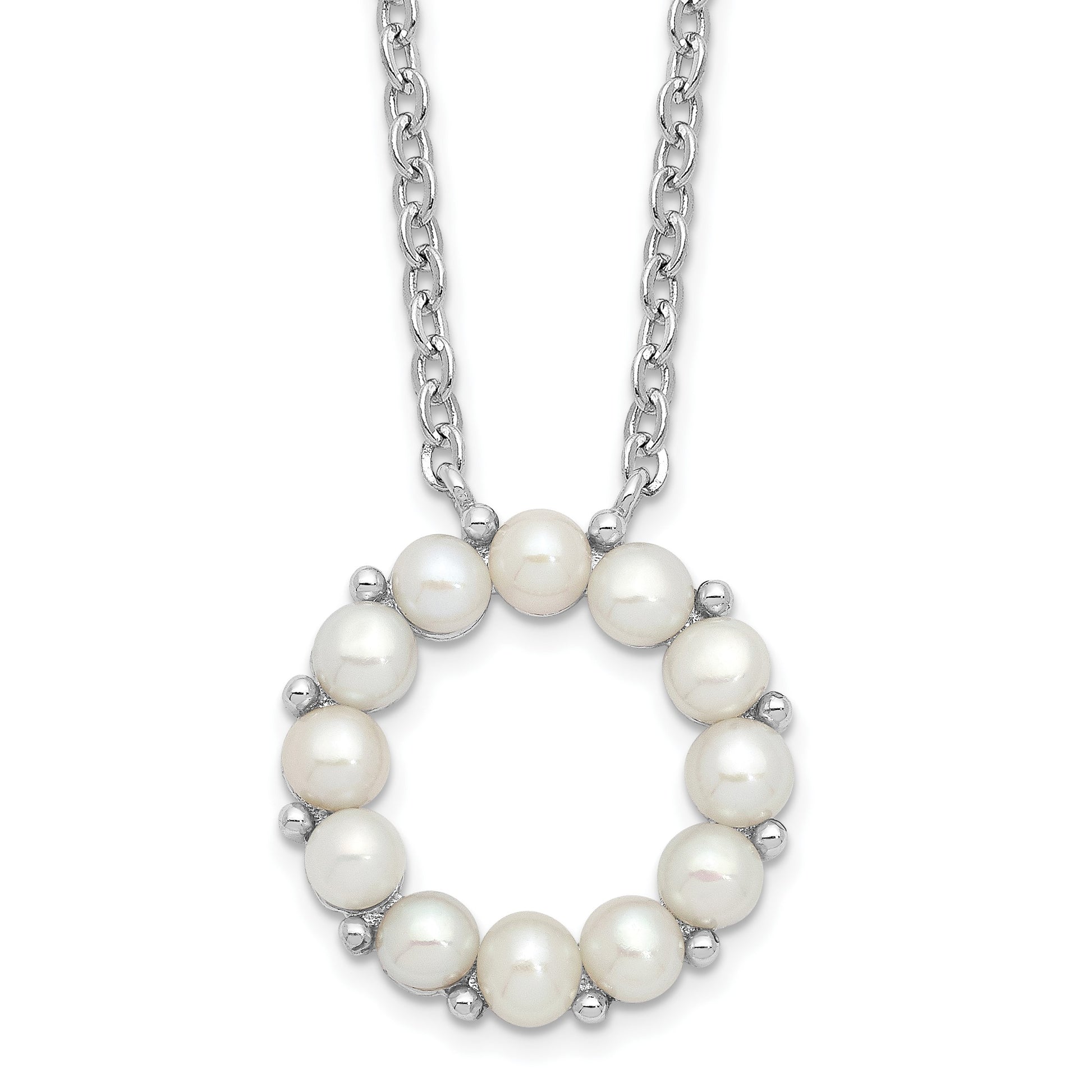 Sterling Silver Rhodium-plated 3-3.5mm White Button Freshwater Cultured Pearl 16 inch with 1.75 inch Extension Necklace