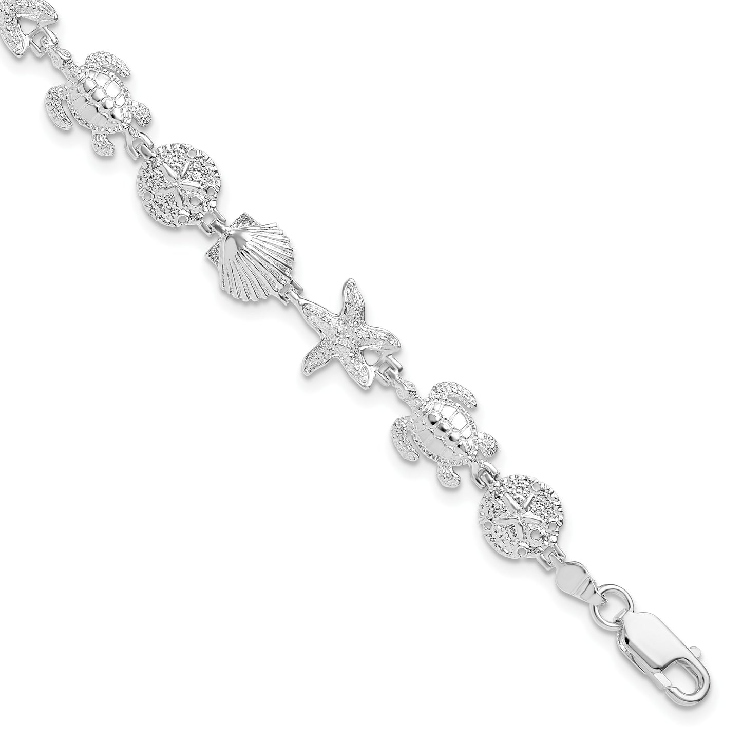 De-Ani Sterling Silver Rhodium-plated Polished and Textured Sea Life 7.25 inch Bracelet