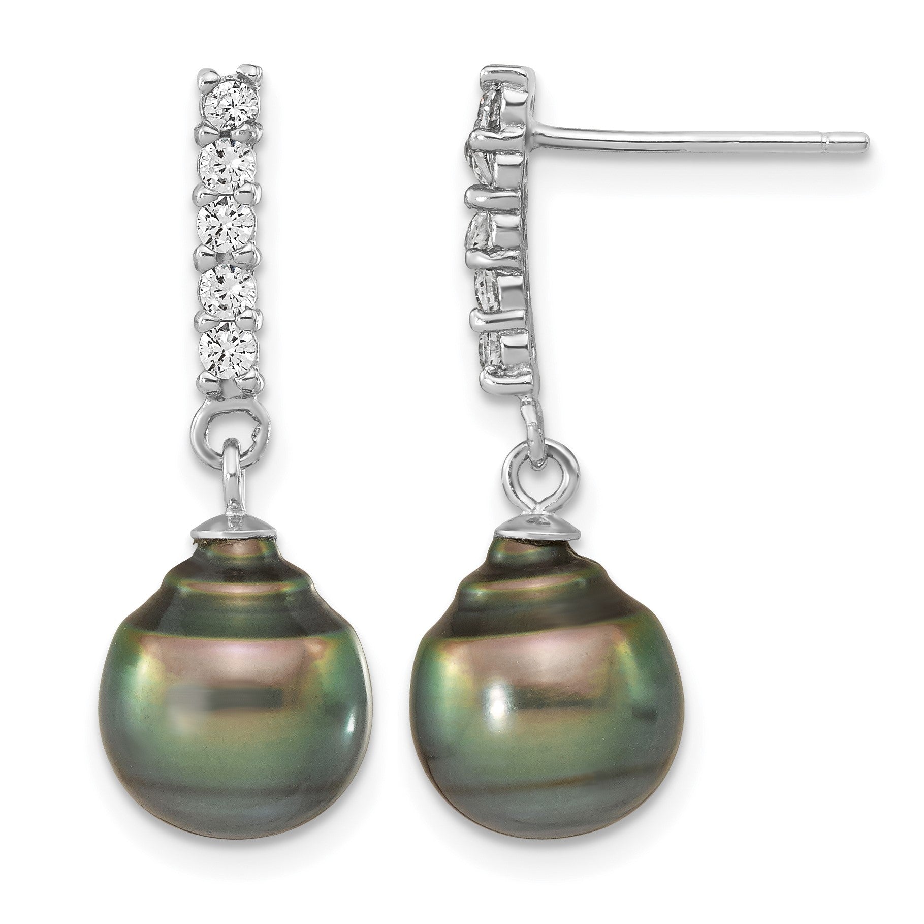 Sterling Silver Rhodium-plated 9-10mm Black Teardrop Tahitian Saltwater Pearl and CZ 17 inch Necklace and Post Dangle Earrings Set