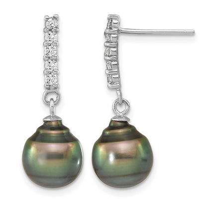 Sterling Silver Rhodium-plated 9-10mm Black Teardrop Tahitian Saltwater Pearl and CZ 17 inch Necklace and Post Dangle Earrings Set