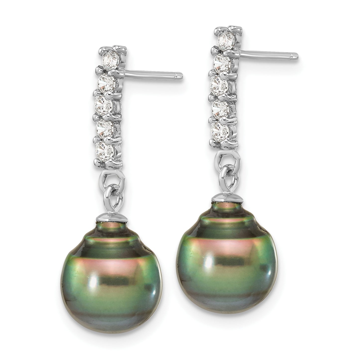 Sterling Silver Rhodium-plated 9-10mm Black Teardrop Tahitian Saltwater Pearl and CZ 17 inch Necklace and Post Dangle Earrings Set