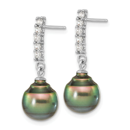 Sterling Silver Rhodium-plated 9-10mm Black Teardrop Tahitian Saltwater Pearl and CZ 17 inch Necklace and Post Dangle Earrings Set