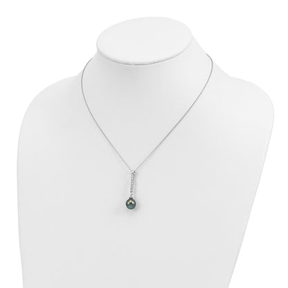 Sterling Silver Rhodium-plated 9-10mm Black Teardrop Tahitian Saltwater Pearl and CZ 17 inch Necklace and Post Dangle Earrings Set