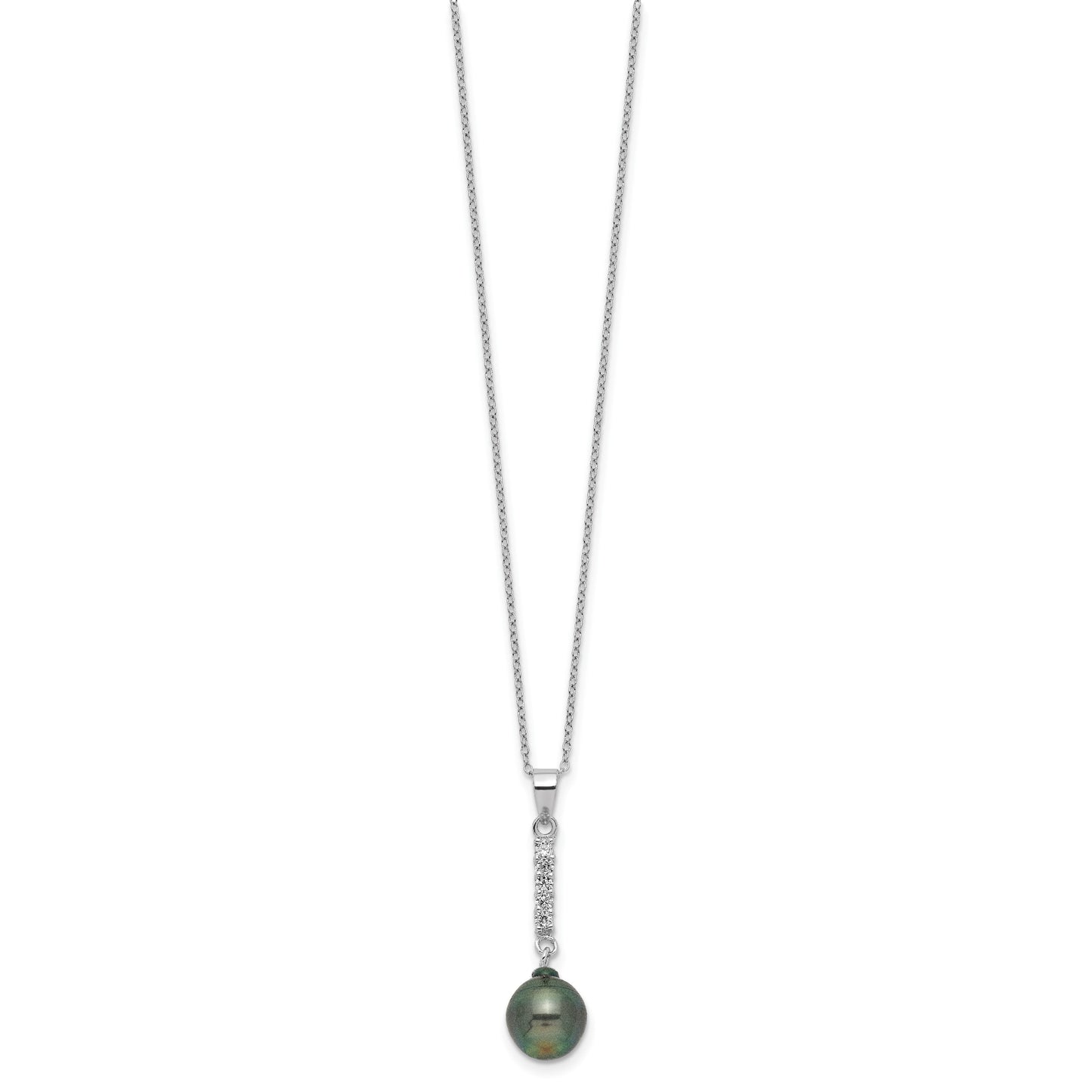 Sterling Silver Rhodium-plated 9-10mm Black Teardrop Tahitian Saltwater Pearl and CZ 17 inch Necklace and Post Dangle Earrings Set