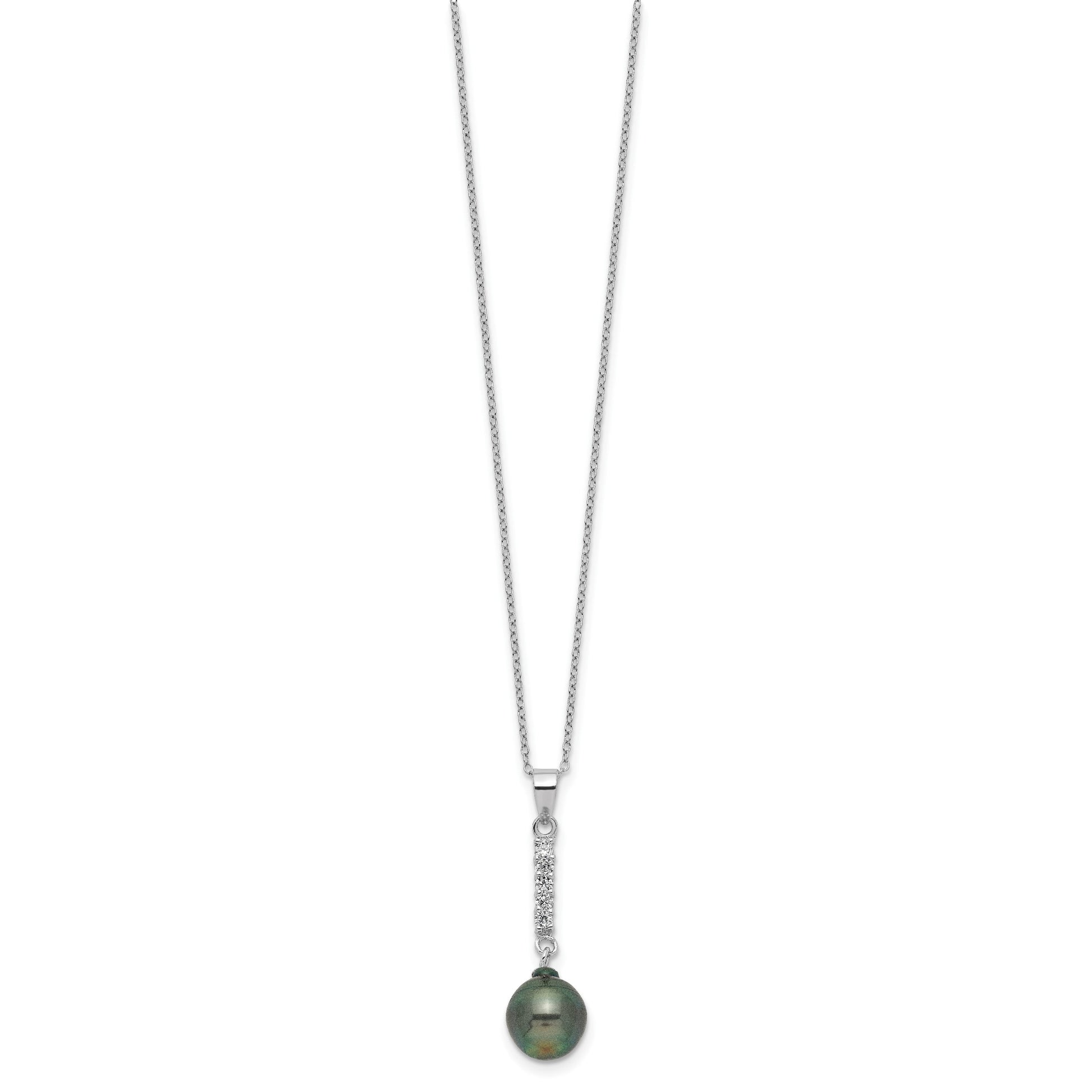 Sterling Silver Rhodium-plated 9-10mm Black Teardrop Tahitian Saltwater Pearl and CZ 17 inch Necklace and Post Dangle Earrings Set
