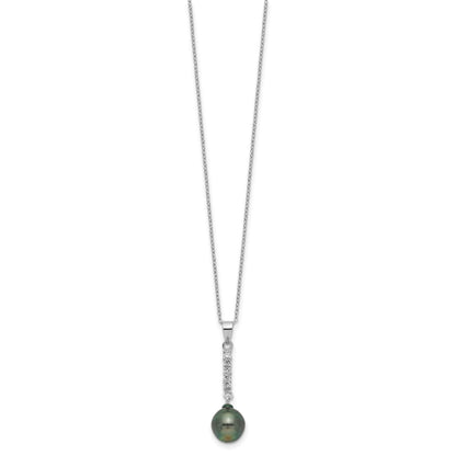Sterling Silver Rhodium-plated 9-10mm Black Teardrop Tahitian Saltwater Pearl and CZ 17 inch Necklace and Post Dangle Earrings Set