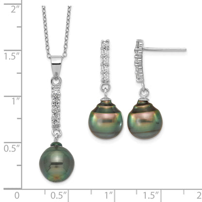 Sterling Silver Rhodium-plated 9-10mm Black Teardrop Tahitian Saltwater Pearl and CZ 17 inch Necklace and Post Dangle Earrings Set