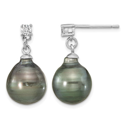 Sterling Silver Rhodium-plated 9-10mm Black Teardrop Tahitian Saltwater Cultured Pearl and CZ 17 inch Necklace and Post Dangle Earrings Set