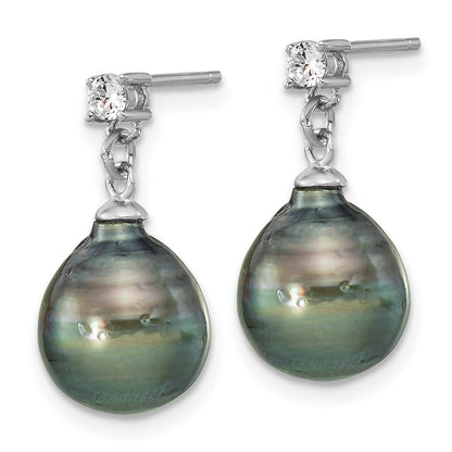 Sterling Silver Rhodium-plated 9-10mm Black Teardrop Tahitian Saltwater Cultured Pearl and CZ 17 inch Necklace and Post Dangle Earrings Set