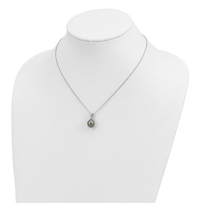 Sterling Silver Rhodium-plated 9-10mm Black Teardrop Tahitian Saltwater Cultured Pearl and CZ 17 inch Necklace and Post Dangle Earrings Set