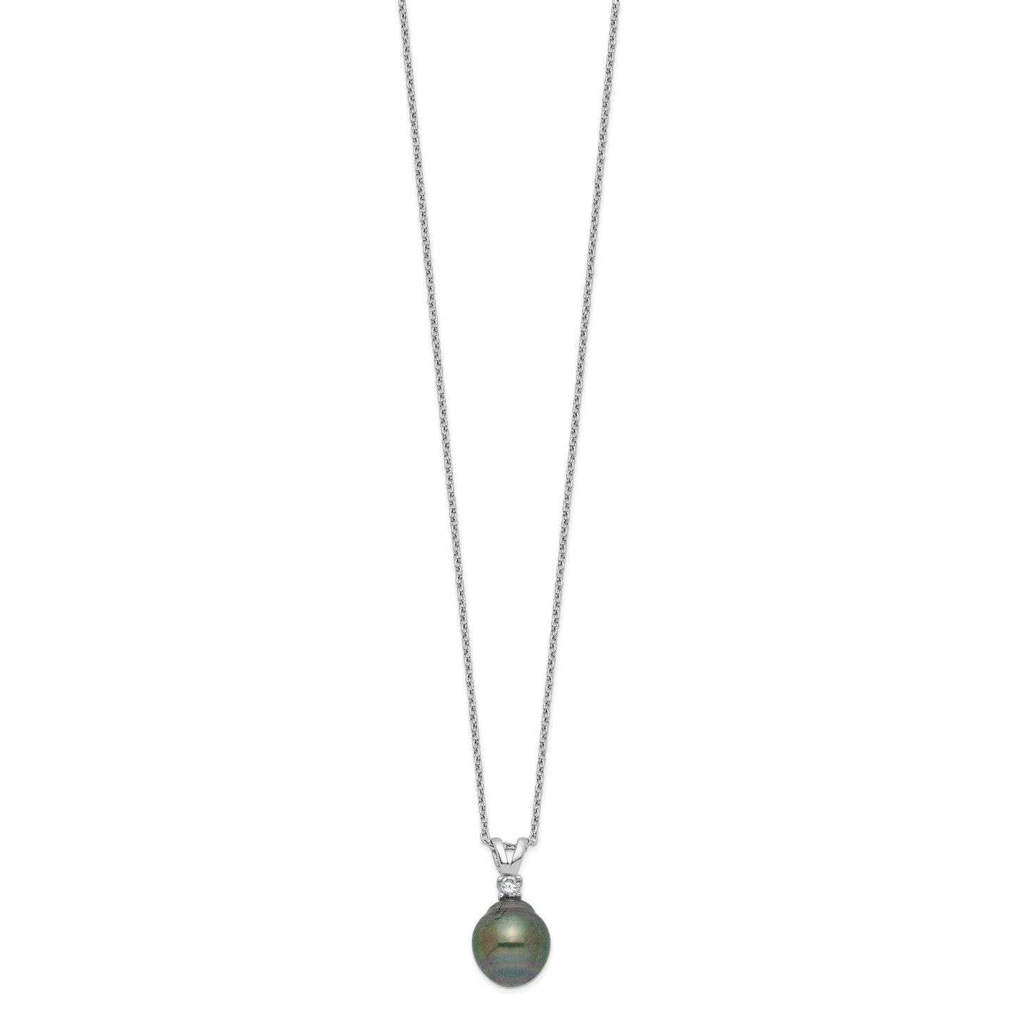 Sterling Silver Rhodium-plated 9-10mm Black Teardrop Tahitian Saltwater Cultured Pearl and CZ 17 inch Necklace and Post Dangle Earrings Set