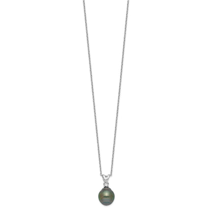 Sterling Silver Rhodium-plated 9-10mm Black Teardrop Tahitian Saltwater Cultured Pearl and CZ 17 inch Necklace and Post Dangle Earrings Set